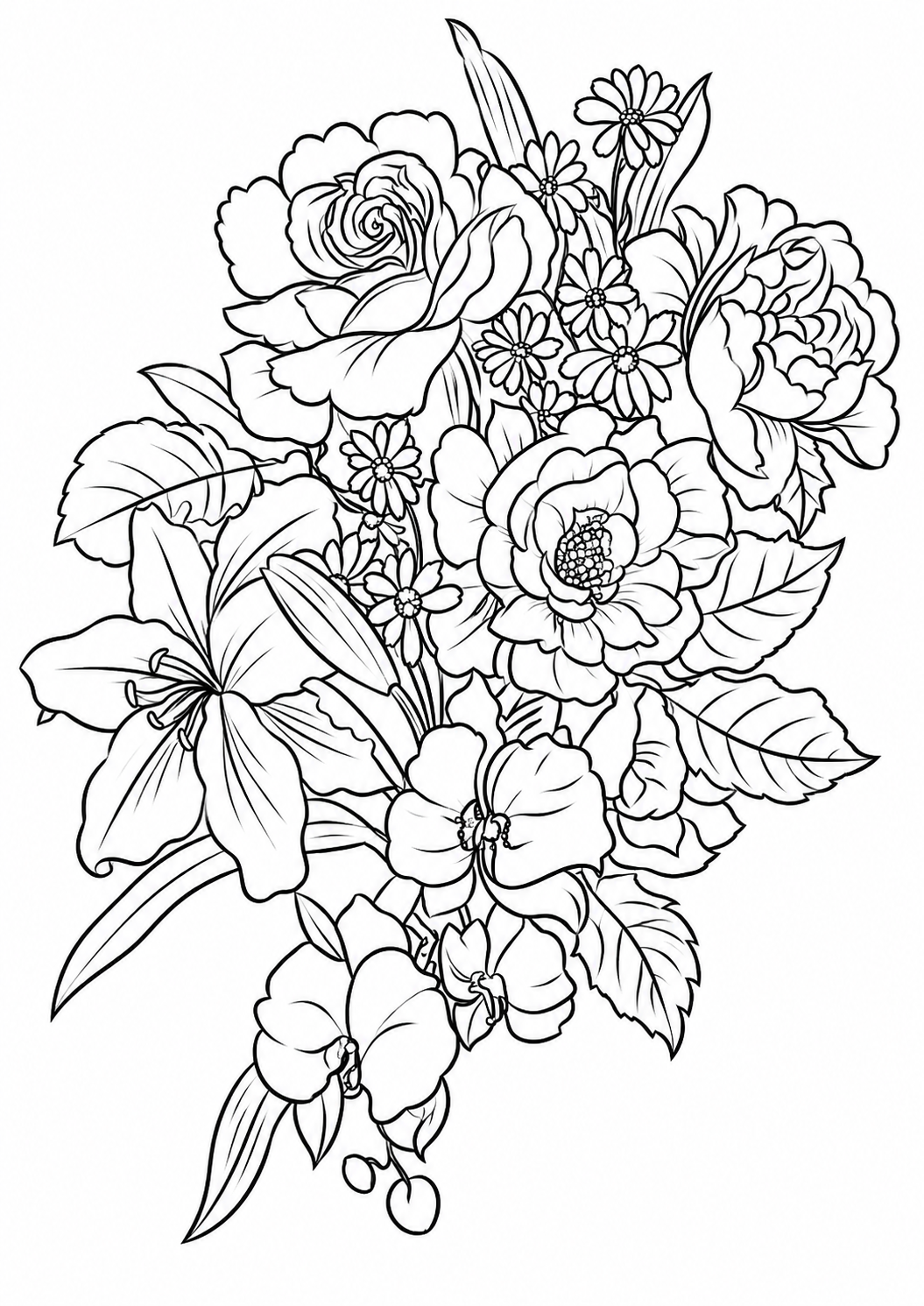 Mixed flower bouquet with roses, lilies, and daisies printable coloring page