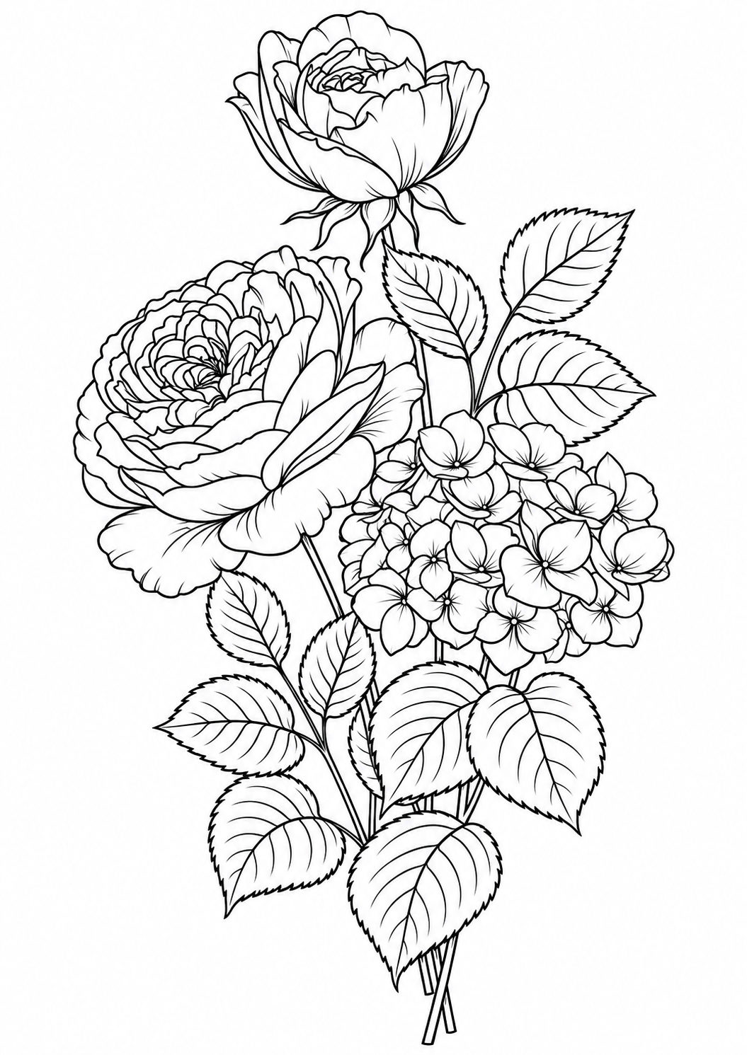 Peony and hydrangea flower bouquet printable coloring page
