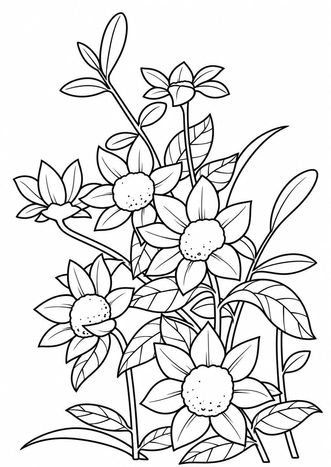 Sunflowers with yellow petals and green leaves printable coloring page